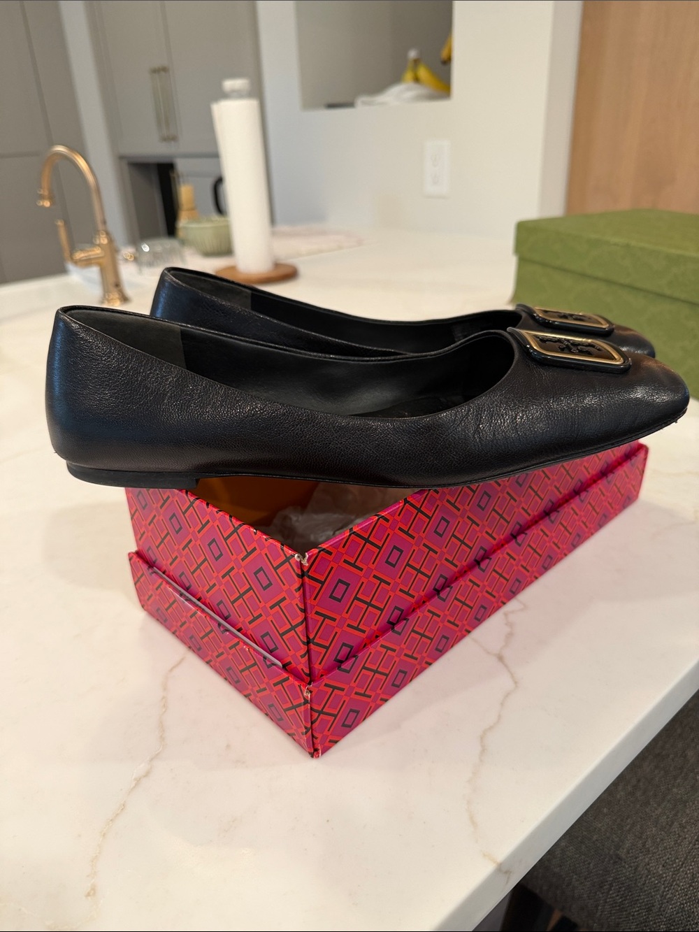 Tory Burch Black Leather Ballet Flats with Gold Buckle